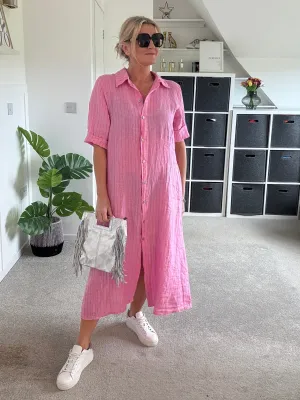 Pink Pinstripe Linen Shirt Dress