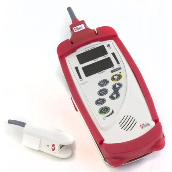 Reconditioned Masimo Rad 5v Handheld Pulse Oximeter with Adult Finger Sensor   Paediatric Soft Tip Sensor