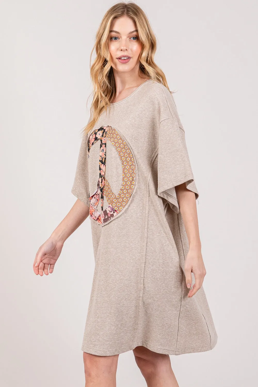 SAGE   FIG Full Size Peace Sign Applique Short Sleeve Tee Dress