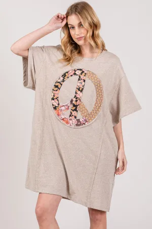 SAGE   FIG Full Size Peace Sign Applique Short Sleeve Tee Dress