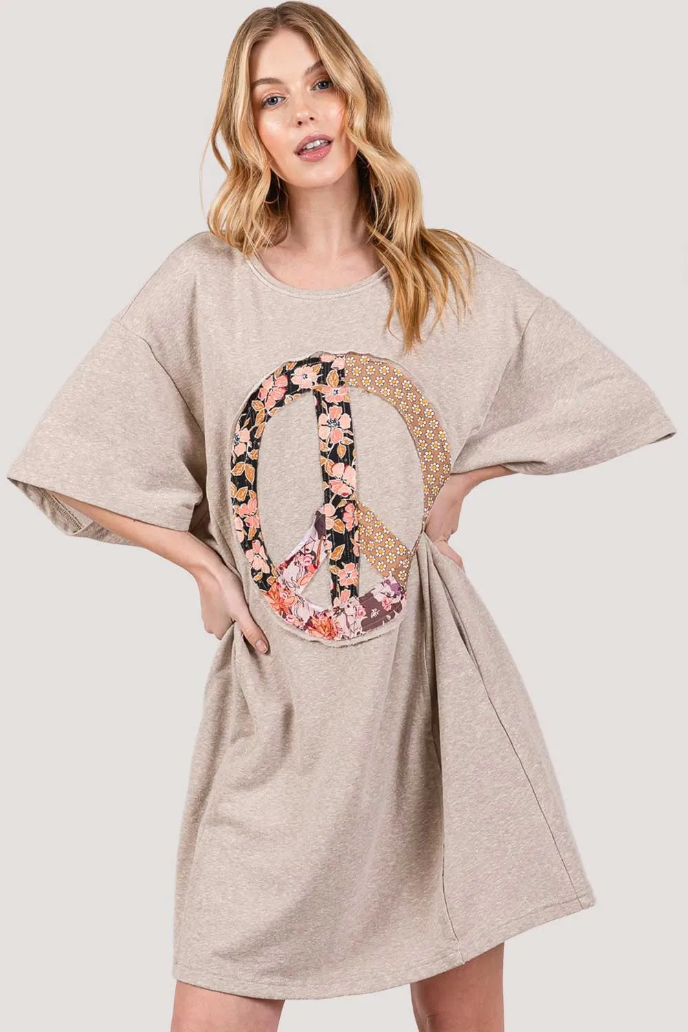 SAGE   FIG Full Size Peace Sign Applique Short Sleeve Tee Dress