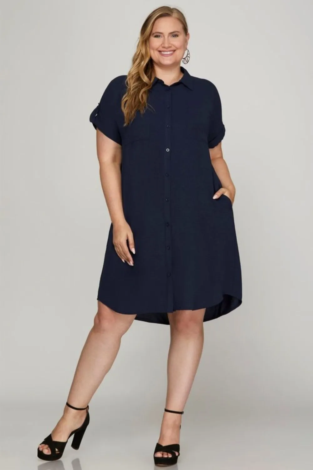 She   Sky Full Size Button Down Short Sleeve Woven Shirt Dress Plus Size
