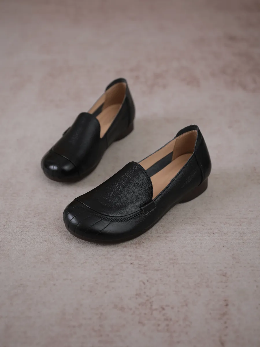 Stitching Header Leather Loafer - Black