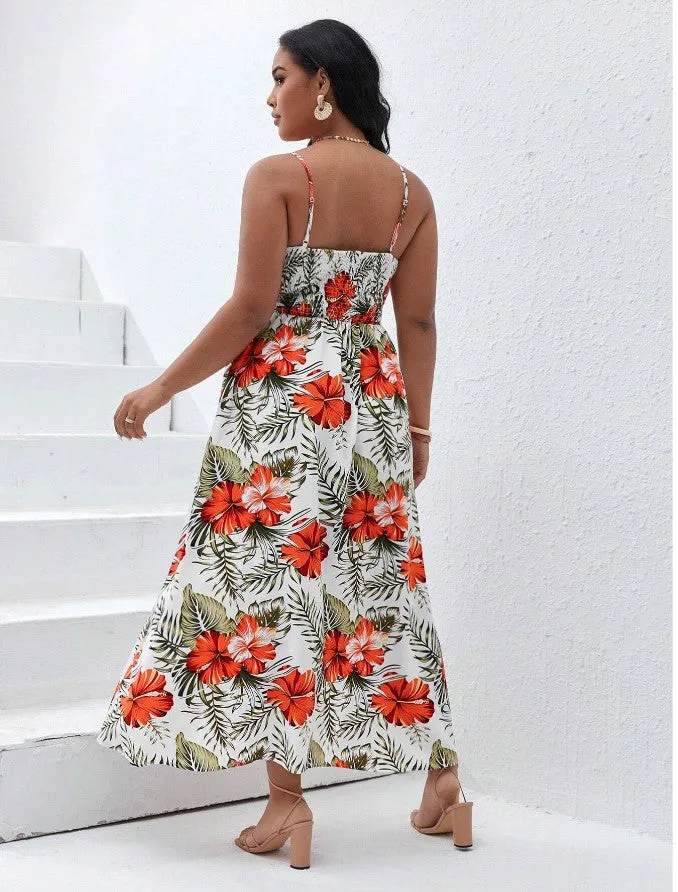 Tropical Flower Print Thigh Split Cami Summer Dress