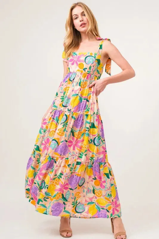 Tropical Fruit Tiered Maxi Dress