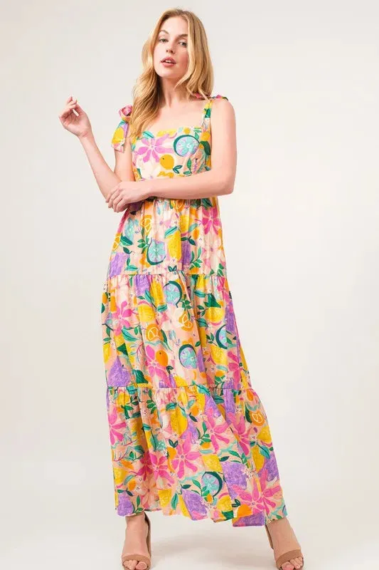Tropical Fruit Tiered Maxi Dress