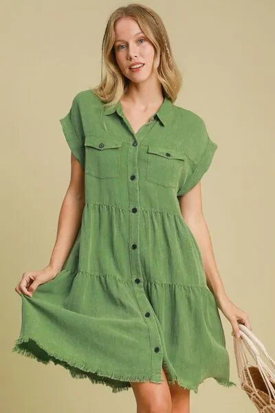 Umgee Full Size Frayed Hemline Button Down Shirt Dress Plus Size