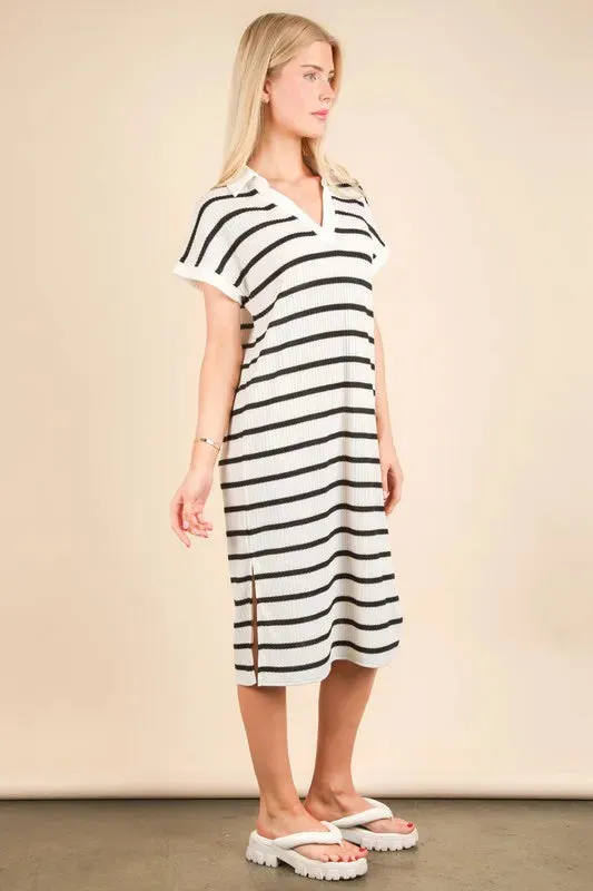 VERY J Oversized Collared Striped Knit Midi Dress