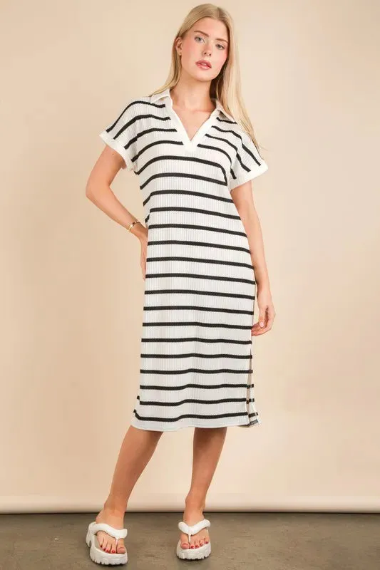 VERY J Oversized Collared Striped Knit Midi Dress