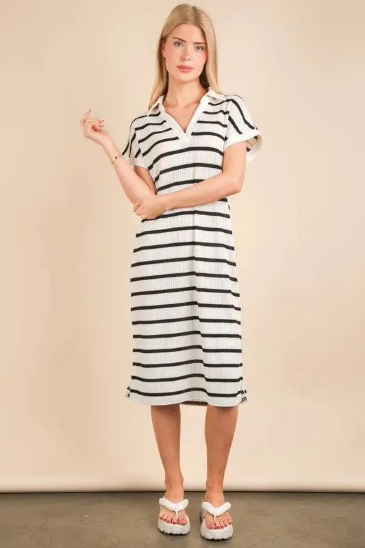 VERY J Oversized Collared Striped Knit Midi Dress