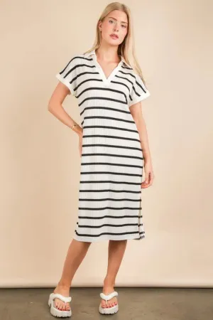 VERY J Oversized Collared Striped Knit Midi Dress