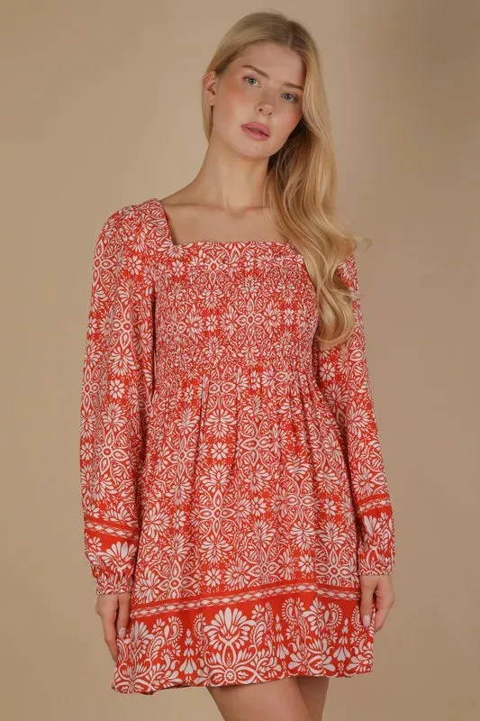 VERY J Printed Smocked Chest Boho Mini Dress