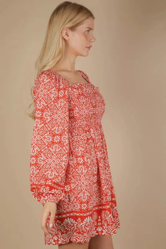 VERY J Printed Smocked Chest Boho Mini Dress