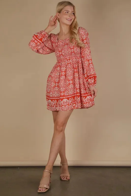VERY J Printed Smocked Chest Boho Mini Dress