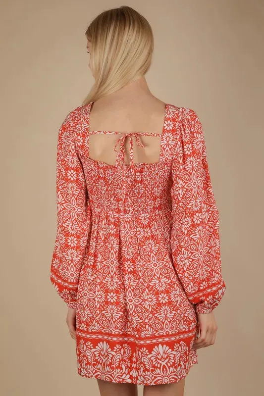 VERY J Printed Smocked Chest Boho Mini Dress