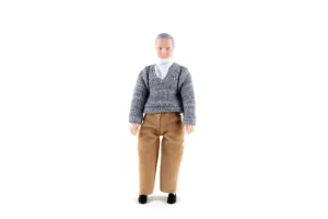 Vintage 1:12 Dollhouse Plastic Grandfather Grandpa Figurine in Gray Sweater & Brown Pants