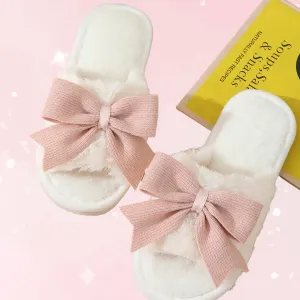White Cute Bowknot Fluffy Slippers