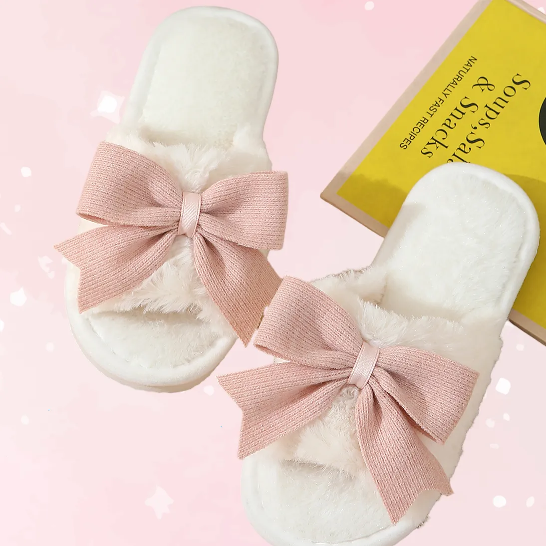 White Cute Bowknot Fluffy Slippers