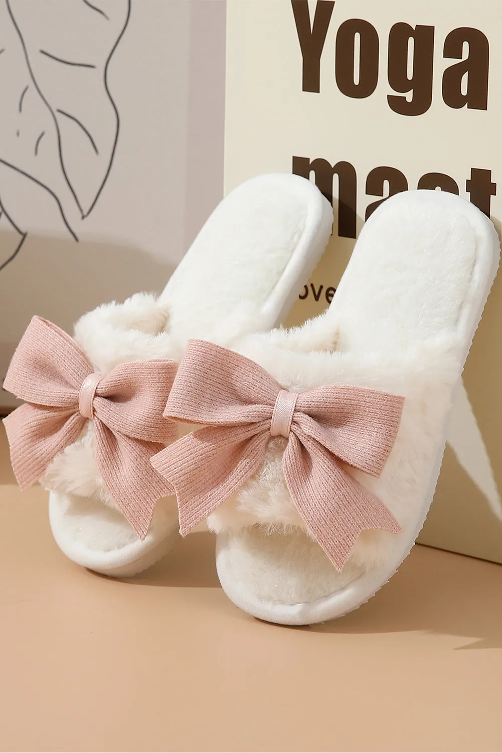 White Cute Bowknot Fluffy Slippers