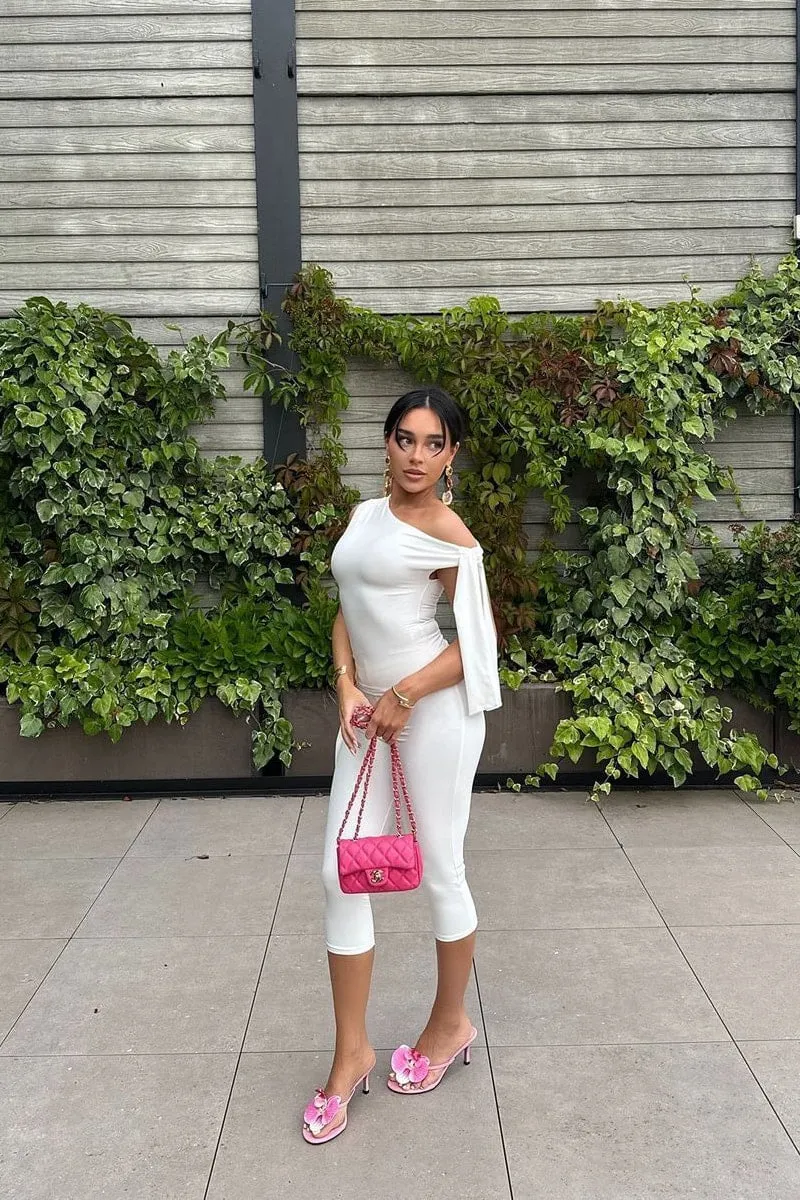 White One-Shoulder Biker Romper | Sleek Stretch Fit | Chic Summer Minimalism