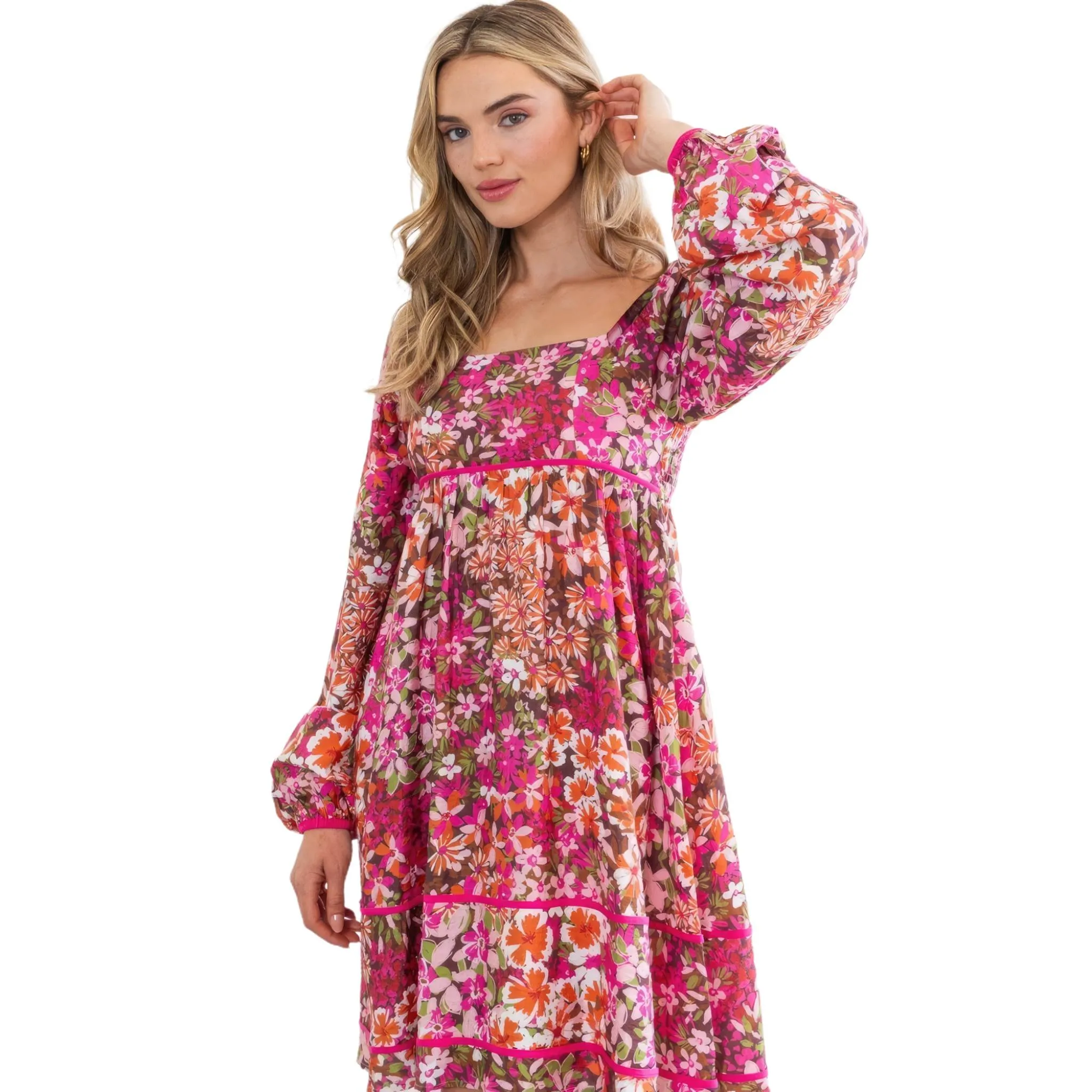 Women's Square Neck Long Sleeve Floral Mini Dress - Dark Pink with Tiered Silhouette
