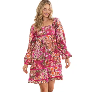 Women's Square Neck Long Sleeve Floral Mini Dress - Dark Pink with Tiered Silhouette