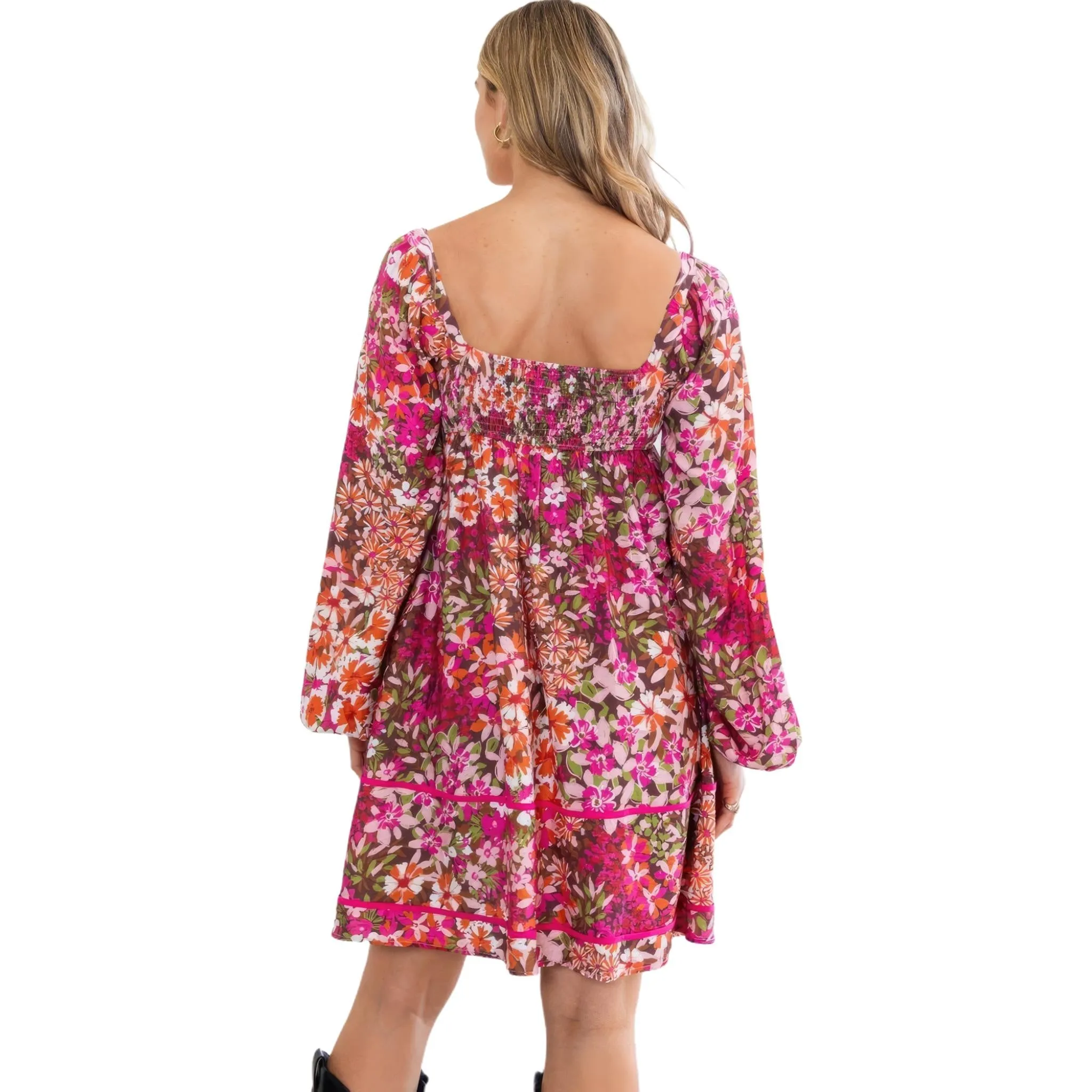 Women's Square Neck Long Sleeve Floral Mini Dress - Dark Pink with Tiered Silhouette