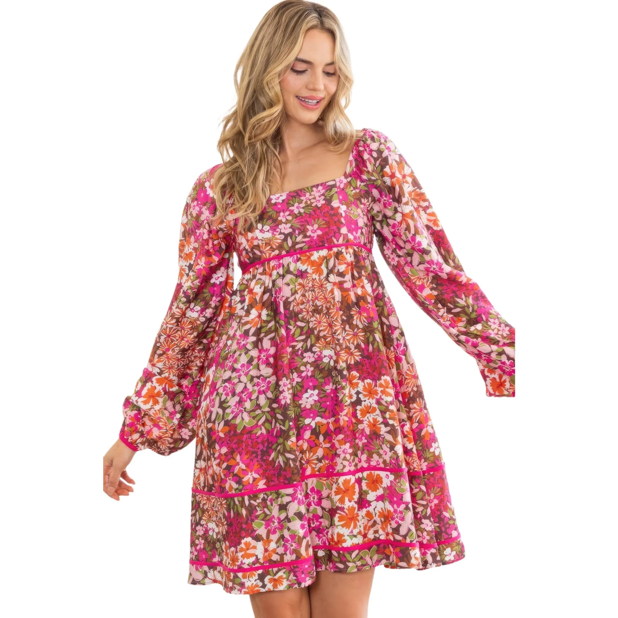 Women's Square Neck Long Sleeve Floral Mini Dress - Dark Pink with Tiered Silhouette