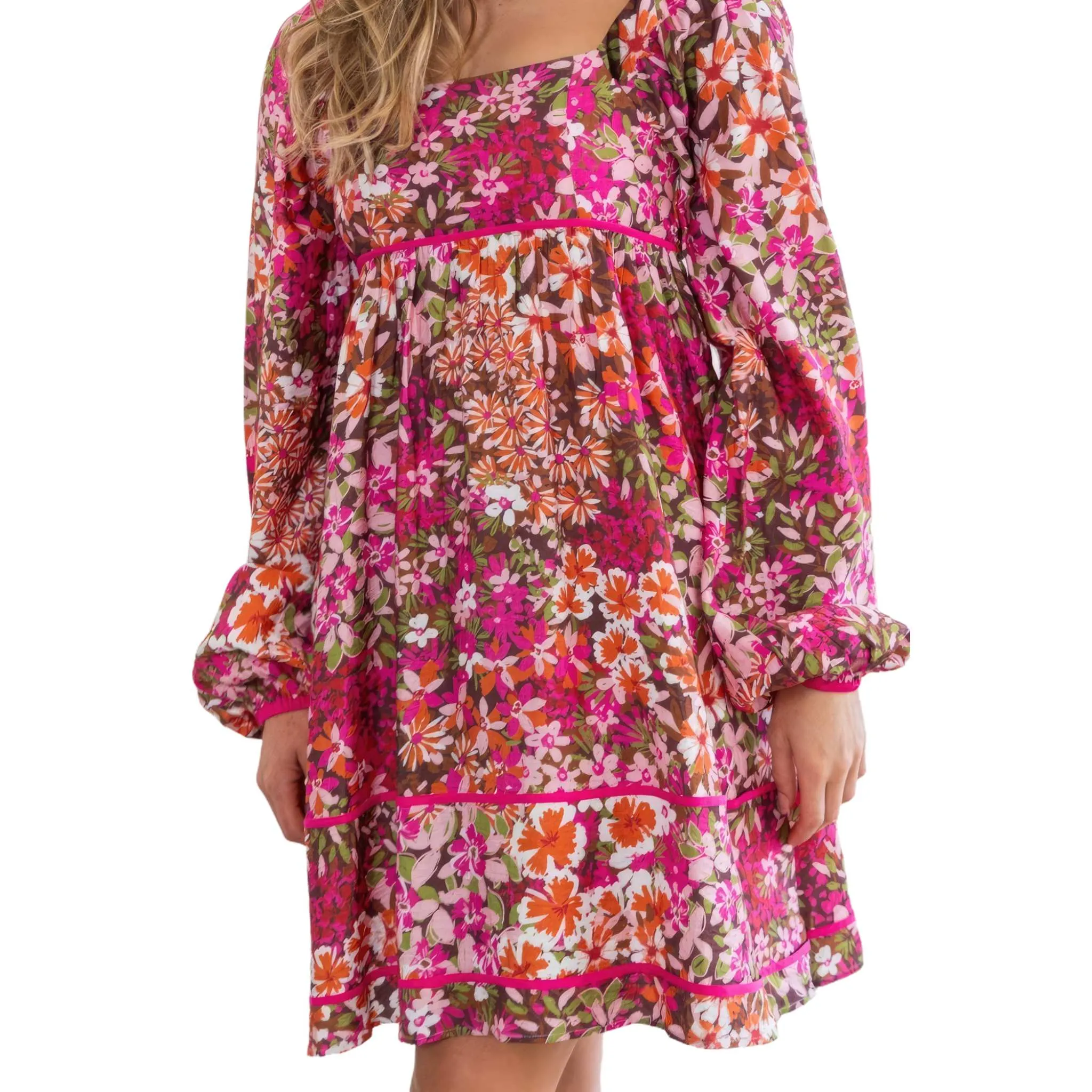 Women's Square Neck Long Sleeve Floral Mini Dress - Dark Pink with Tiered Silhouette